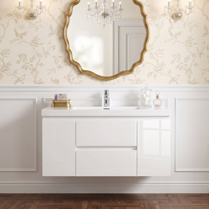 Meuble-lavabo suspendu flottant en mélamine de bois de 91 cm (36 po) avec lavabo intégré en résine et carbonate de calcium, agencement de rangement intelligent et spacieux, quincaillerie de fermeture douce de qualité supérieure, découpes en forme de U (entièrement assemblé)