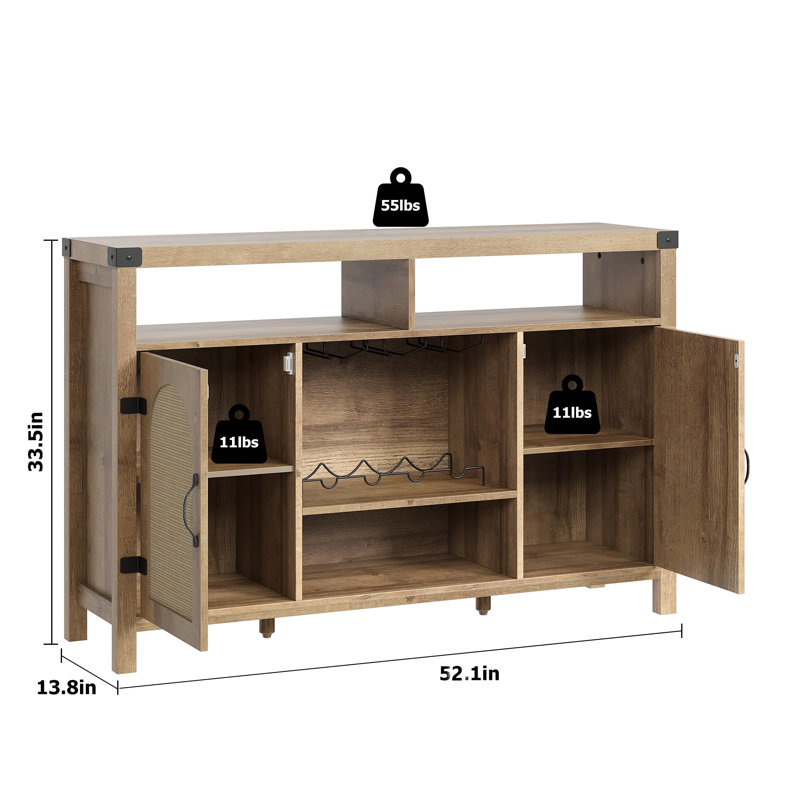 Buffet 52 po en rotin avec rangement, armoire de cuisine de ferme avec tiroir, armoire à café en bois Boho avec tablettes ouvertes