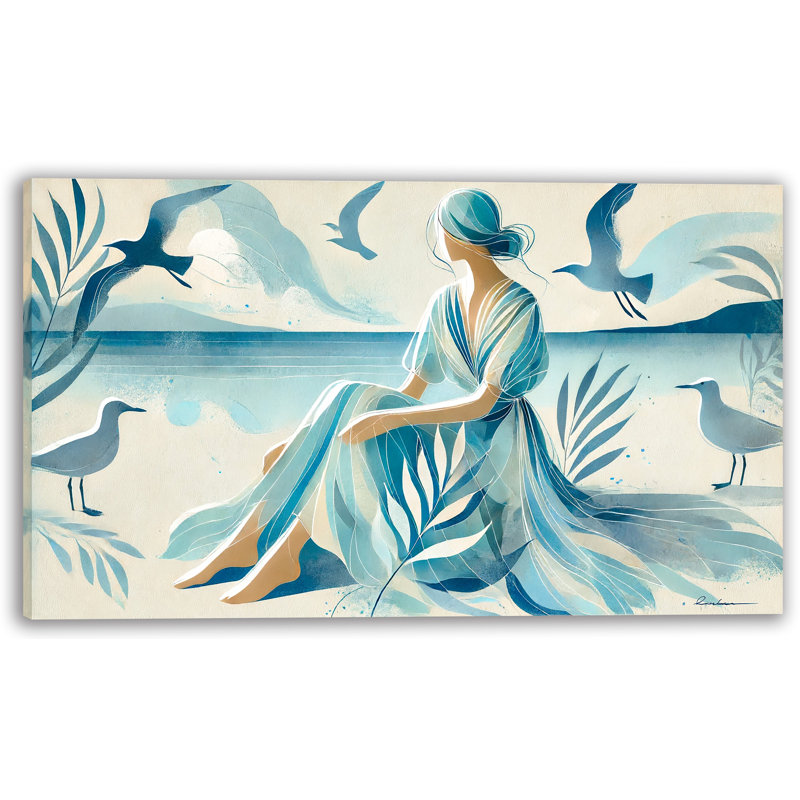 «Seaside Tranquility: Woman with Seagulls», art mural sur toile, H 12 po x l 16 po x P 1 po
