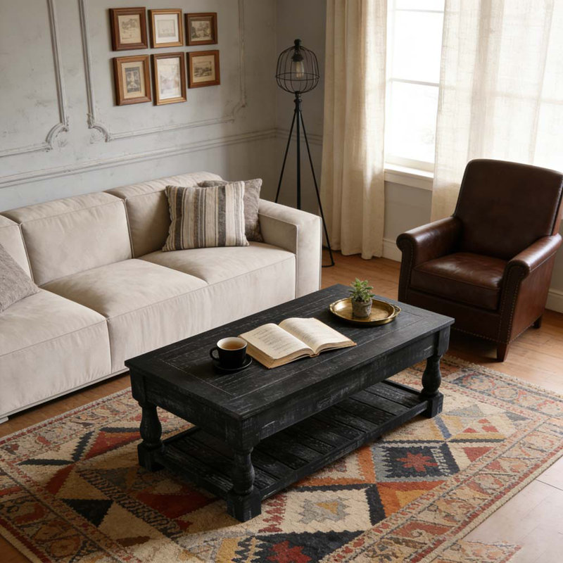 Table basse à plateau relevable avec tablette fixe Farmhouse - 3 plateaux de rangement cachés, Noir antique, Noir antique