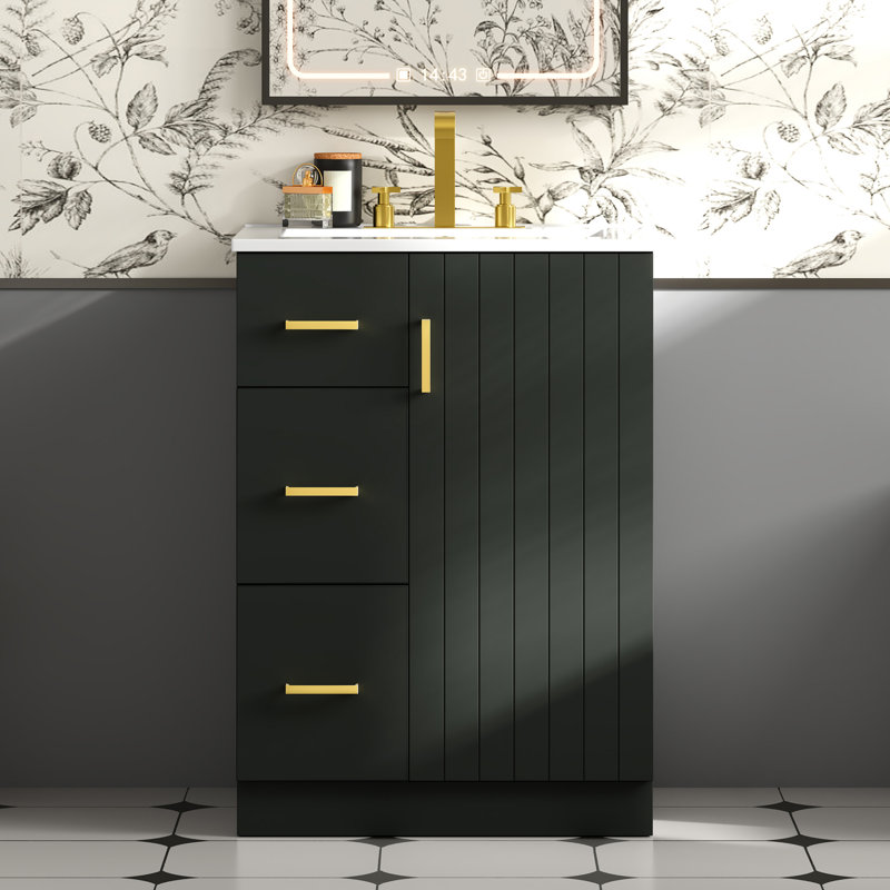 Meuble-lavabo simple 24 po avec lavabo en céramique, tiroirs et armoire à fermeture en douceur avec tablette réglable, Vert