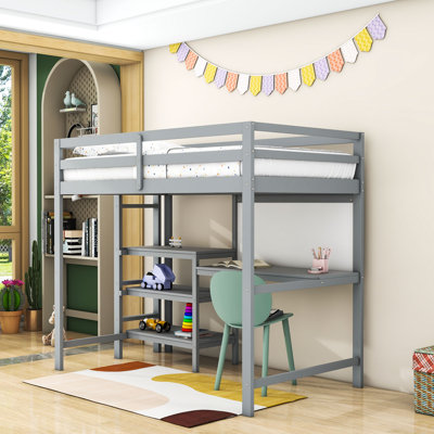 Twin Size Wooden Loft Bed With Shelves, Desk And Writing Board