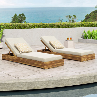 Leite 79" Long Reclining Acacia Chaise Lounge Set with Cushions