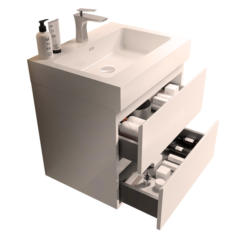 Meuble-lavabo mural 24 po avec lavabo, grand meuble-lavabo flottant mural pour salle de bain, Blanc