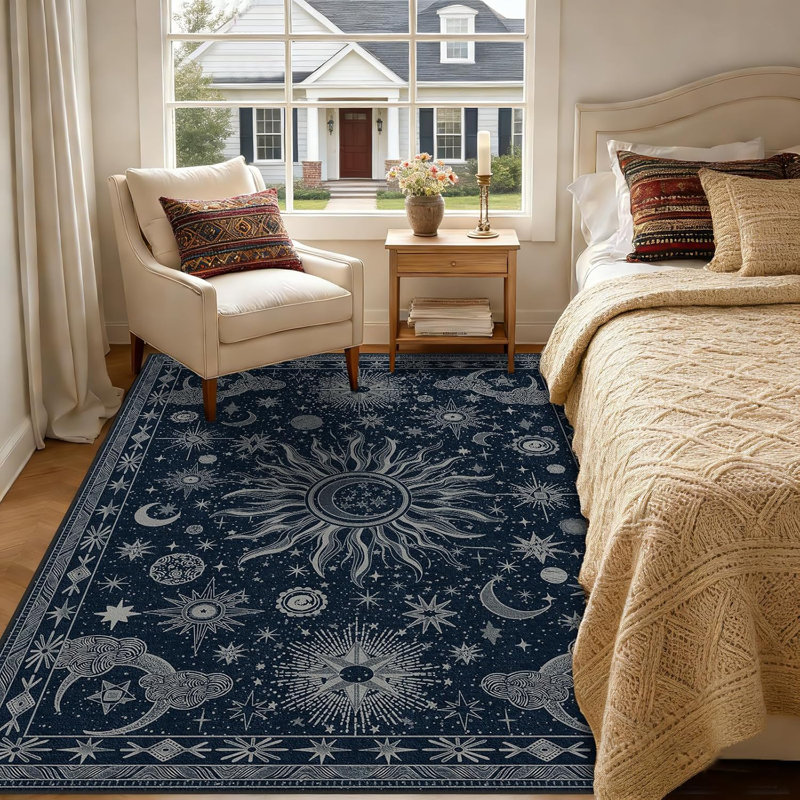 5X7 Area Rugs, Washable Vacuum-Friendly Non-Slip Rug Vintage Boho Sun And Moon Printed Pattern Low Pile Carpet For Living Room Bedroom Dining Room Hallway Entryway,Blue Gray White