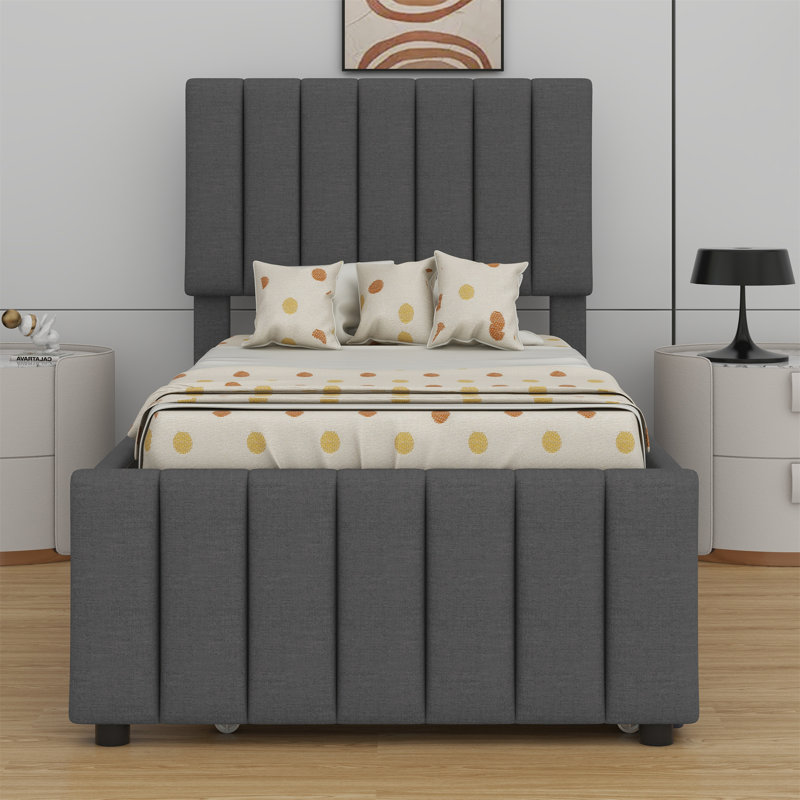 Lit simple avec lit gigogne escamotable et 3 tiroirs de rangement en dessous, lit plateforme simple tapissier en lin, Gris