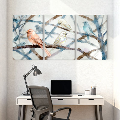 Oiseaux perchés sur des branches, ensemble de 3 impressions sur toile