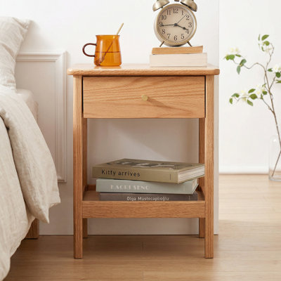 Nightstand, Solid Oak Wood Night Stand with Drawer and Open Shelf, Modern Bedside Table with Brass Handle and Wooden Sliding Rail, Small Side Table for Bedroom, Living Room