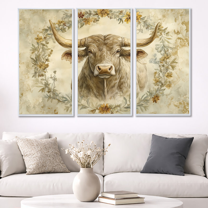 Décoration murale encadrée 3 pièces Taurus in Botanical Bloom - Astrology, H 40 po x l 60 po, Cadre flottant blanc