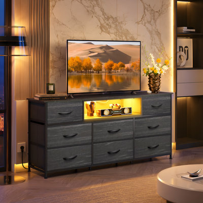 Modern 8‑Drawer Dresser with LED Light & Charging Station, 57.87'' W Media Console Fits 65'' TV, Chest of Drawers with Sturdy Steel Frame for Bedroom Living Room