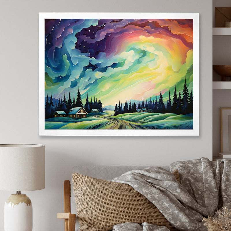 «Northern Lights Scenery Minimalisme I», reproduction sur toile, Cadre simple blanc, H 34 po x l 44 po x P 1,5 po