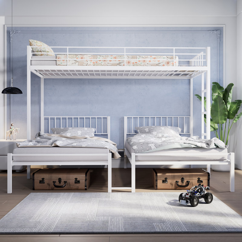 Triple lit superposé pour enfants, 3 lits superposés pour 3 personnes, lits superposés en métal triple, se sépare en 3 lits simples, structure à bruit réduit, blanc