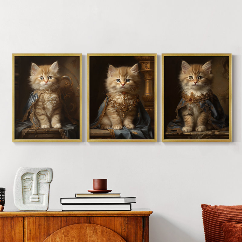 Série royale d'animaux LXV - ensemble de 3 estampes numériques encadrées - prêt à être accroché, Doré, H 10 po x l 8 po
