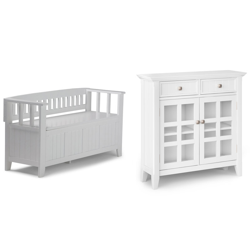 Banc de rangement en bois massif Acadian de 48 po de largeur et armoire de rangement de 36 po de largeur en blanc, Blanc