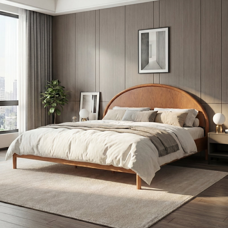 Lit plateforme moderne scandinave avec tête de lit courbée, aucun sommier nécessaire, Marron clair, Très grand lit