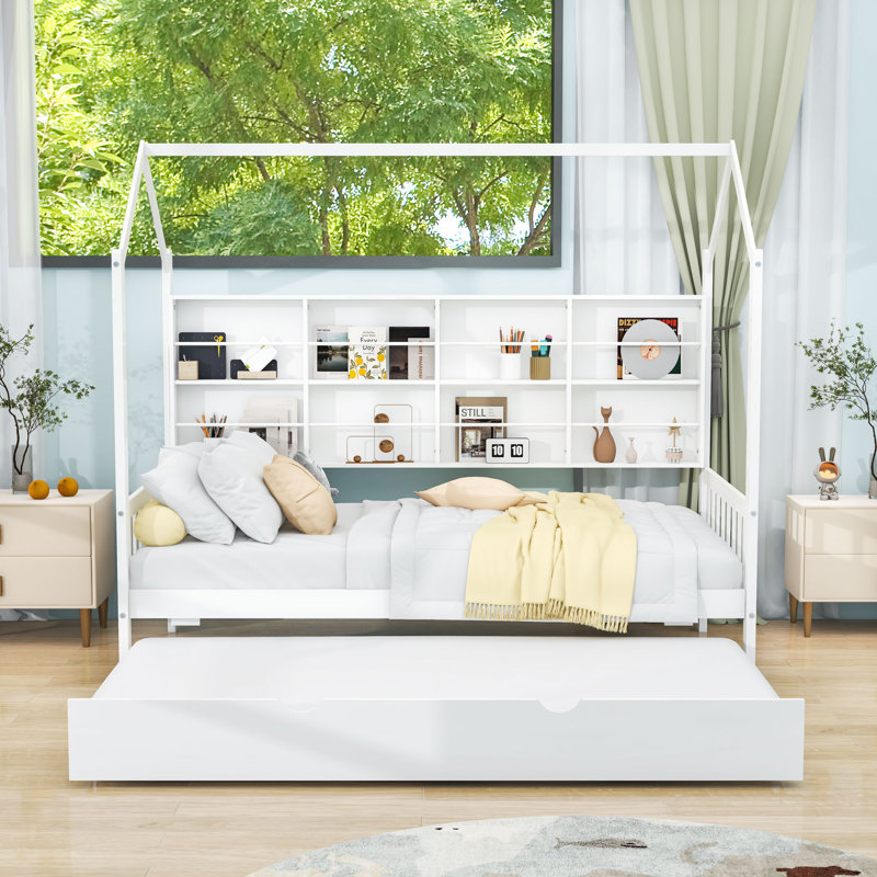 Wooden House Daybed with Twin Trundle and Shelves, Twin