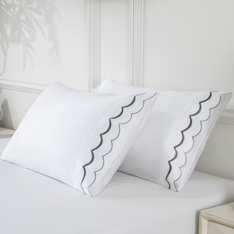 Luxury 400TC Cotton Sateen Pillowcases – Hotel-Inspired Scallop Embroidery, 2-Pack, 20x30", Gray, Gray