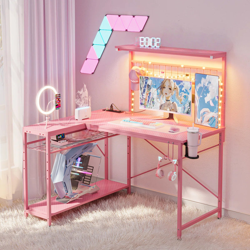 Zabarskaya Gaming Desk, Computer Desk with Power Outlets, LED Lights, Reversible Corner Desk with 4-Tier Shelves,Cup Holder & Hook Carbon Fiber
