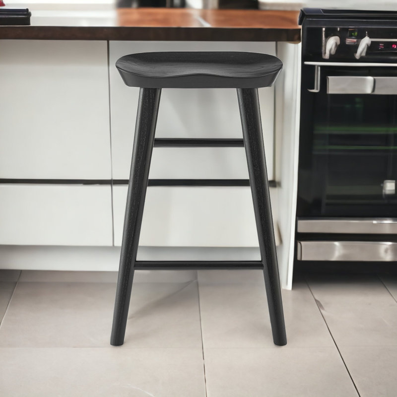 Anzie Wood Backless Saddle Stool, Bar Stool (29.3" Seat Height), Black