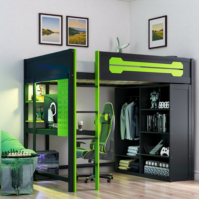 Lit mezzanine en bois avec bureau, garde-robe ouverte et lumière RVB, Vert