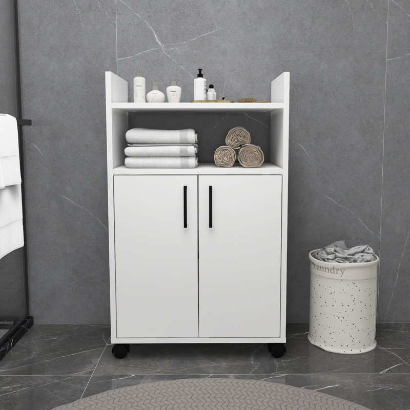 Modern Multi-Purpose Cabinet with Wheels, White, 23.6 x 38.3 x 13.8 inches | 100% Melamine Coated Particle Board, Thickness: 0.7 inches | Numerous Shelves, Additional Storage, Wall-Mountable Design, Stylish & Functional