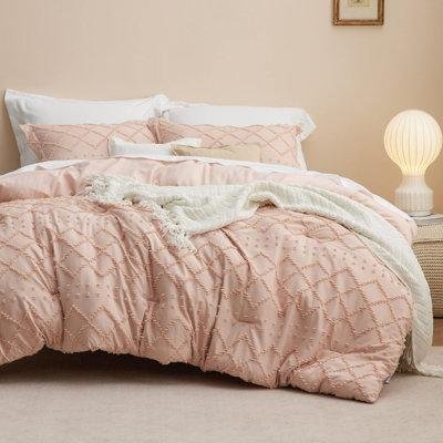 Ensemble d'édredon surdimensionné pour grand lit - édredon rose corail, ensemble d'édredon touffeté Shabby Chic Boho, ensemble de lit de ferme 3 pièces pour toutes les saisons, ensemble de literie moelleux avec 2 taies décoratives