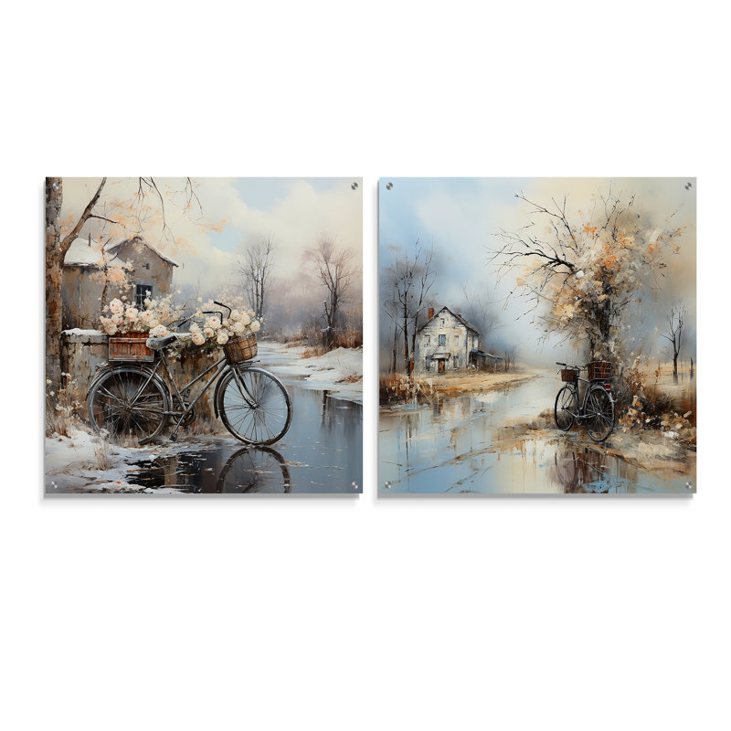«Bicycle Charm In Winter», ensemble de 2 bicyclettes murales en acrylique, H 16 po x l 33 po