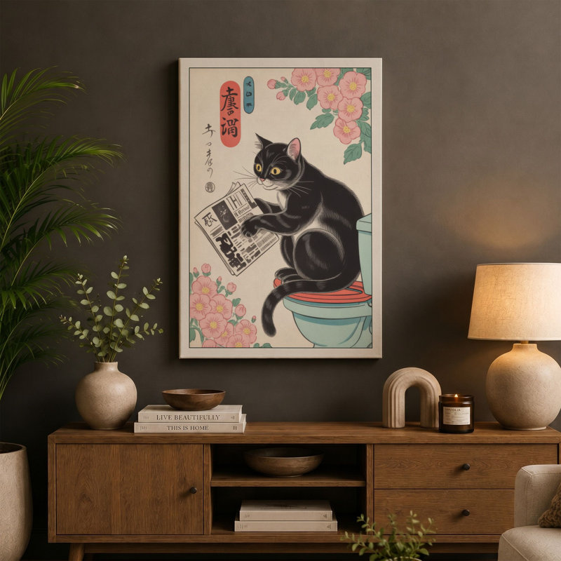 Cat with Newspaper and Roses Japandi - Wrapped Canvas, 36x24 - 91.4 x 61.0 cm, Taupe Border
