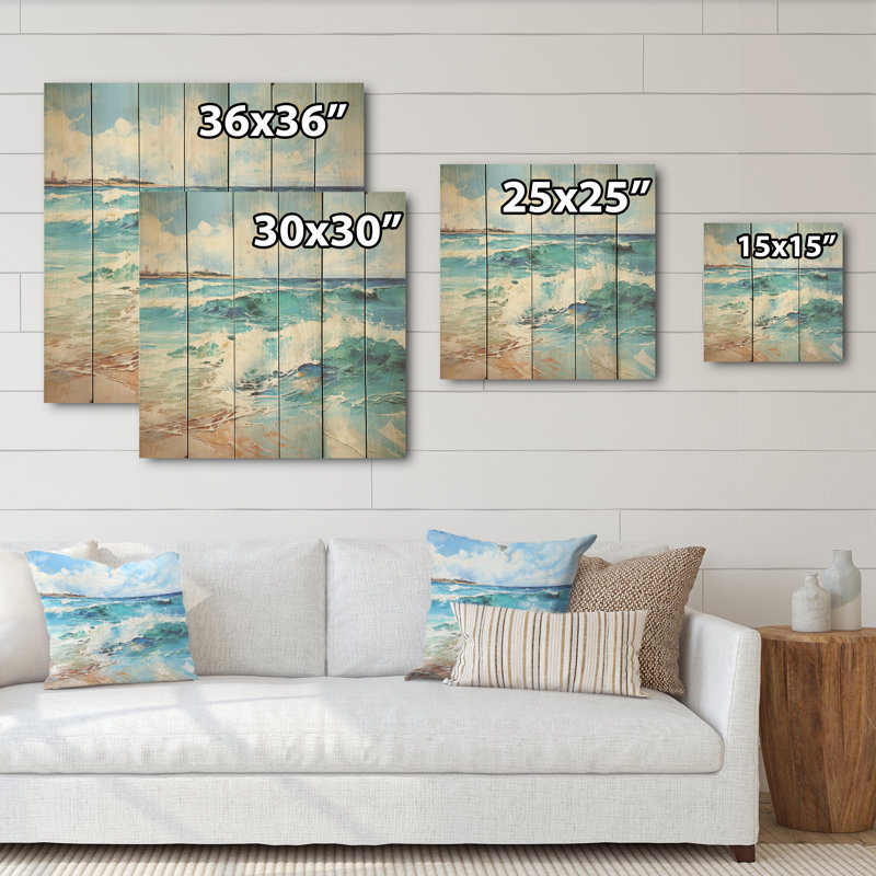 Coastal Harmony Panorama I - océan, art sur bois de pin naturel, H 15 po x l 15 po