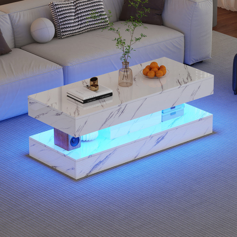 47.2 Inch Coffee Table with LED Lights, Modern High-Gloss Open Shelf Design, 2-Tier Floating Center Table with Illumination, Large LED Coffee Table for Living Room(White)