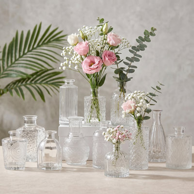 12-Pack Mini Clear Glass Bud Vases in Bulk, Small Vintage Vessels for Rustic Home Wedding Table Decorations, Ideal for Centerpieces
