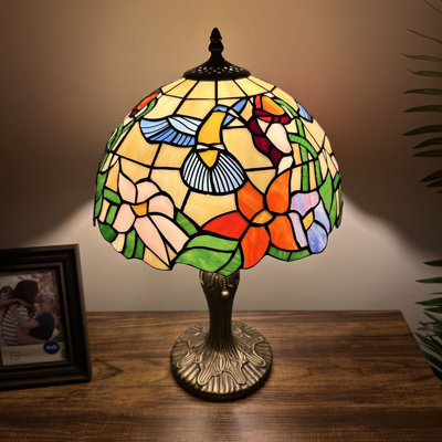 Veilleux Tiffany Table Lamp Stained Glass Hummingbird Flowers LED Bulb Included 12"W*12"D*19"H