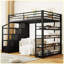 Lit mezzanine moderne en métal avec tablettes de rangement, armoires et garde-robe
