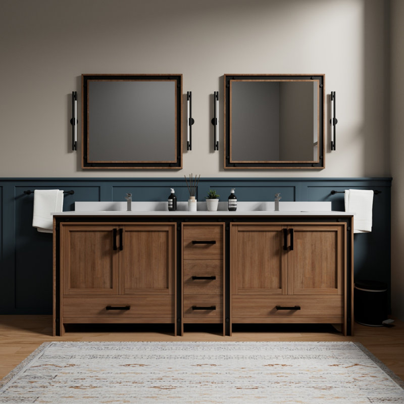 Meuble-lavabo double 84 po Rustwood X P 22 po D, avec plateau en quartz blanc, 84", Bois de grange