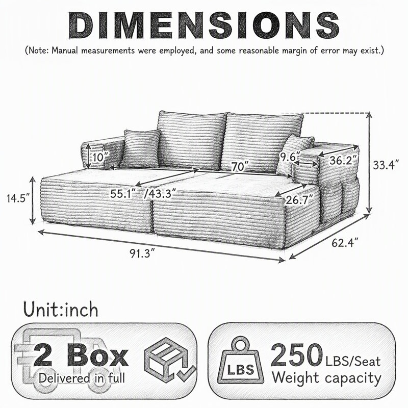 Canapé d'angle modulaire, Forme en L, Velours côtelé gris