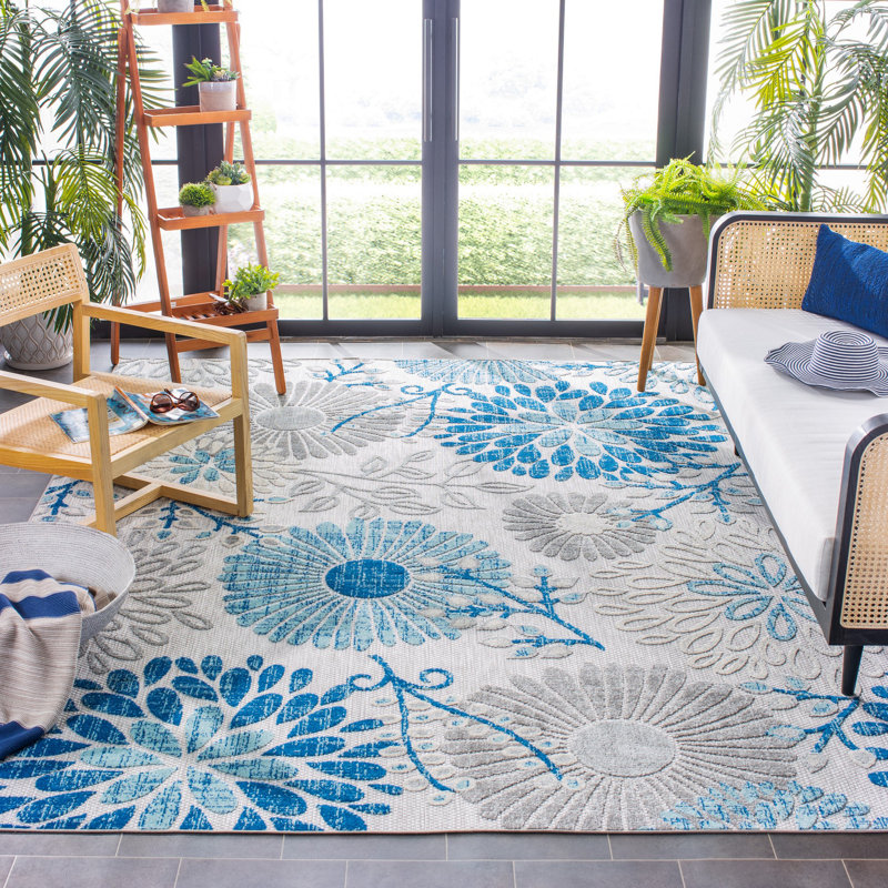 Kellems Indoor/Outdoor Grey/Royal Blue Rug, Rectangle 183 x 274cm