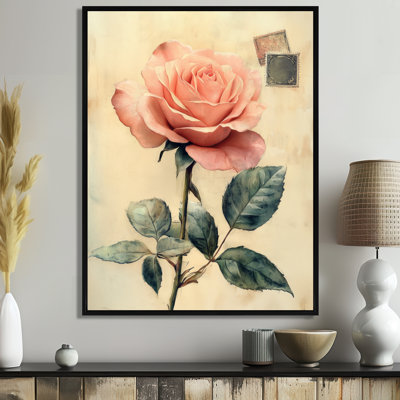 Rose Postcard Wall Art, Vintage Floral Canvas, Faded Rose Postcard