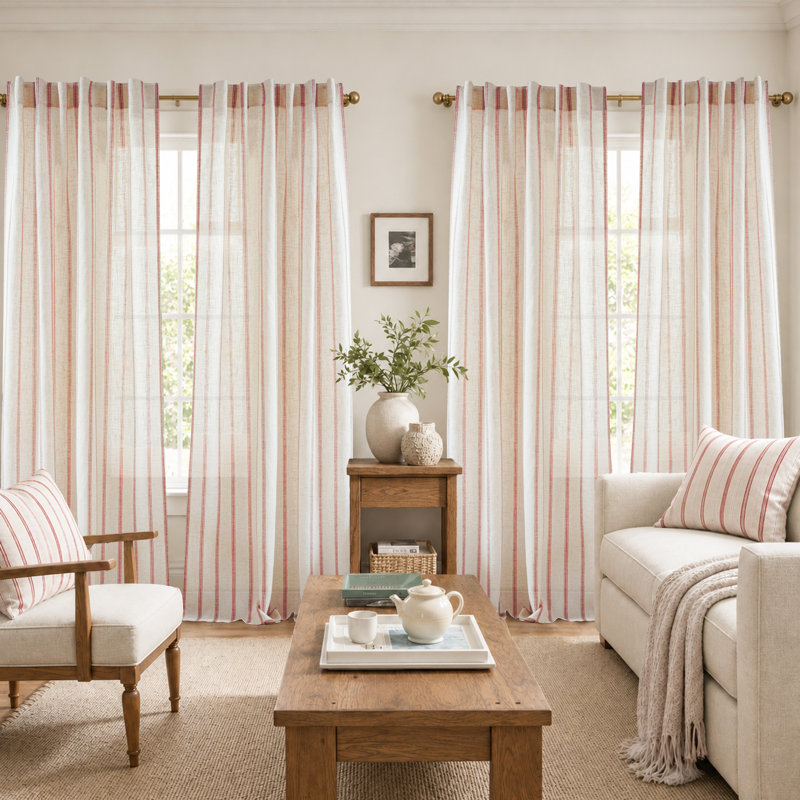Rideaux semi-transparents avec passe-tringle Farmhouse, Rouge, L 52 po x L 84 po