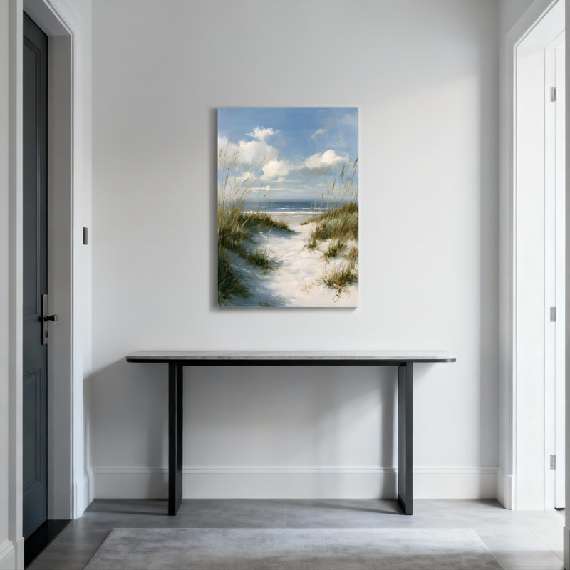 Ensemble de 1 toile tendue représentant un chemin de plage avec dunes et vue sur l'océan, H 18 po x l 12 po