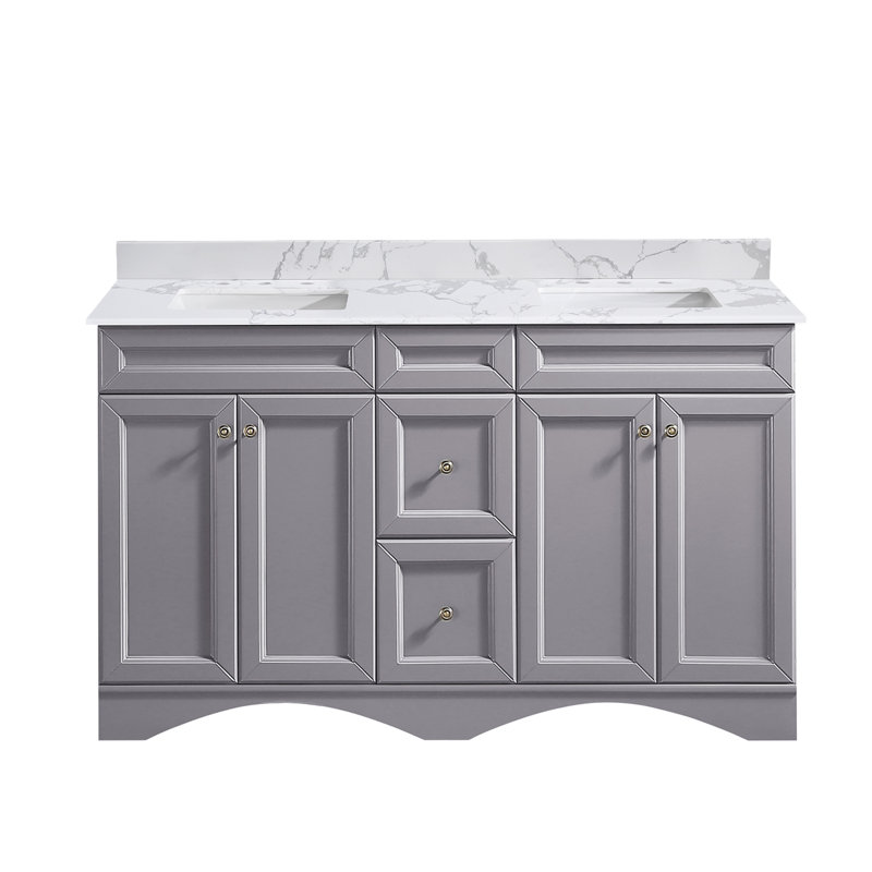 Meuble-lavabo double autoportant 60 po avec plateau en pierre reconstituée Almondo, gris