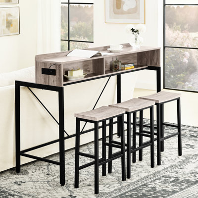 Table de bar 59 po, tabourets de selle confortables, prise de courant, DEL, tablettes de rangement, cuisine haute densité, table de 59 po derrière la maison avec 3 tabourets de selle, tablettes à double couche, prises encastrées et CA,