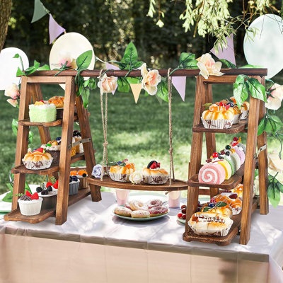 Présentoir à petits gâteaux en bois à 3 niveaux avec plateau de service pivotant amovible et échelle pliable avec plateau de service