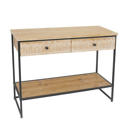 Wood 39.5 in. Brown Table with Drawers and Shelf