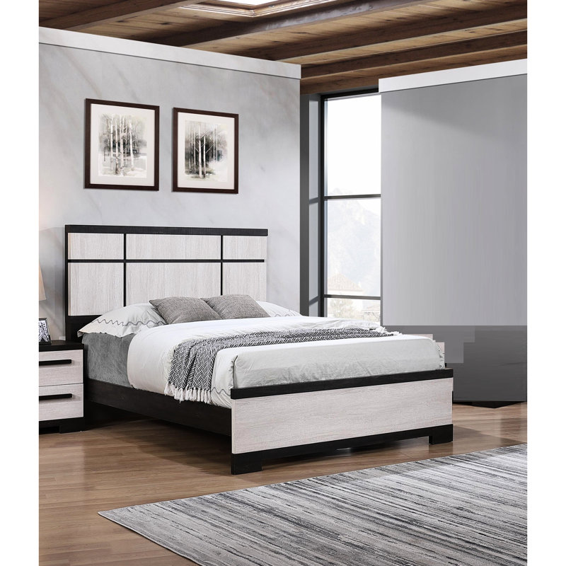 Lit transitionnel grand avec tête de lit géométrique, finition ébène et crème à deux tons, look contemporain, lit en bois pour la chambre à coucher, assemblage transitionnel simple, lit, style panneau saisissant