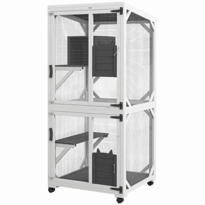 Catio en bois avec toit imperméable, spacieuse enceinte intérieure et extérieure pour 1 à 3 chats, boîte de repos surélevée et roues