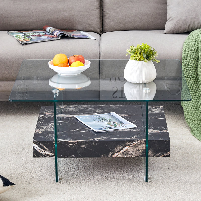 Table basse 31,4 pouces à deux niveaux avec verre élégant transparent et motif en marbre noir pour salon et présentoir