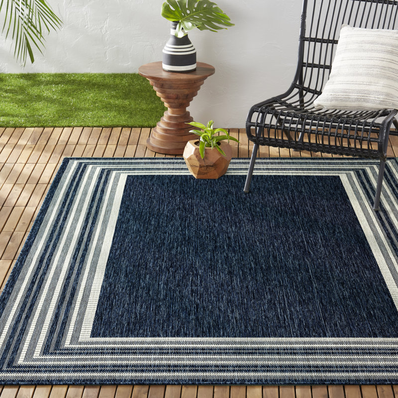 Nicole Miller New York Patio Country Layla Modern Border Indoor/Outdoor Area Rug, Navy Blue/Ivory, Rectangle 7'9" x 10'2"