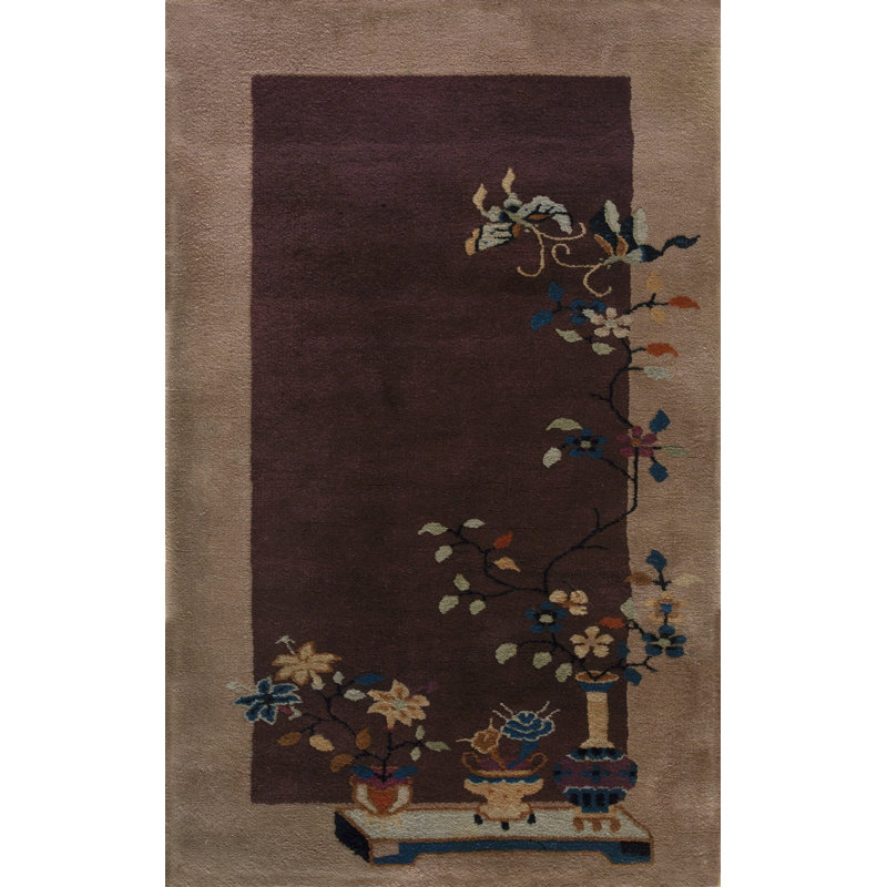 1920s Floral Purple / Lavender Mauve Antique Rectangle Hand Knotted Pile Wool Rug