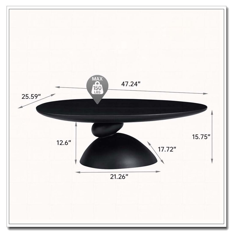 Table basse ovale en fibre de verre 47,27 "avec base sculpturale, Noir