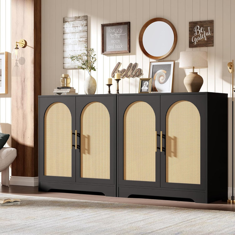 30" W Sideboard Buffet Cabinet- with 2 Rattan Doors, Storage Console Table & Modern Accent Coffee Bar Cabinet for Living Room, Kitchen, Black